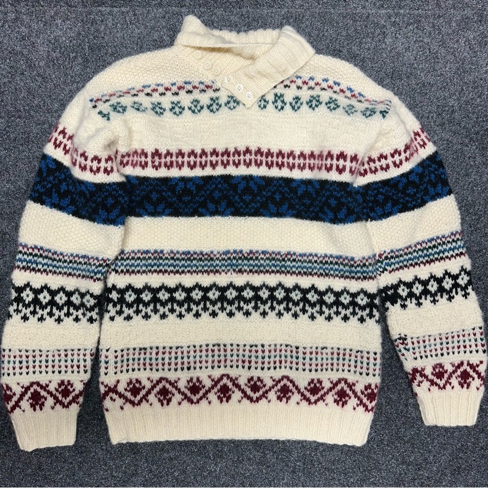 Vintage SKYR Fair Isle Sweater 100% Shetland Wool Nordic Ski Turtleneck Cream 36